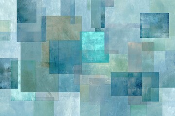 Overlapping translucent squares in shades of blue and teal create a layered abstract composition