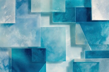 Geometric composition, layered rectangular shapes, translucent and overlapping, cool blues and whites