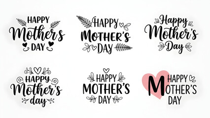 Collection of happy mothers day text and logo designs on white background