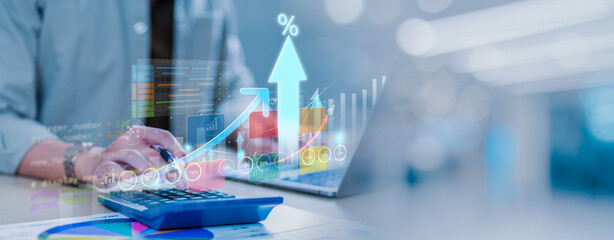 Business graph with percentage, special offer of shopping department store discount and tax concept, adjusting interest rates, raising interest rates to fight inflation, returns on investments.