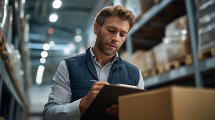 Faceless manager worker doing stocktaking product management cardboard box shelves warehouse  physical inventory count male professional assistant checking stock