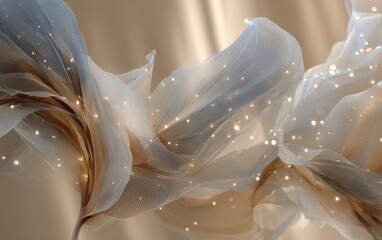 Flowing, ethereal fabric in soft beige and gold hues, illuminated with shimmering particles