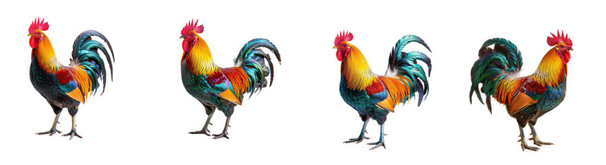 Fototapeta premium Four vibrant watercolor rooster illustrations in different poses showcasing colorful plumage on transparent background high quality