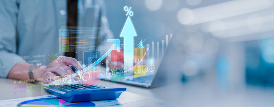 Business graph with percentage, special offer of shopping department store discount and tax concept, adjusting interest rates, raising interest rates to fight inflation, returns on investments.