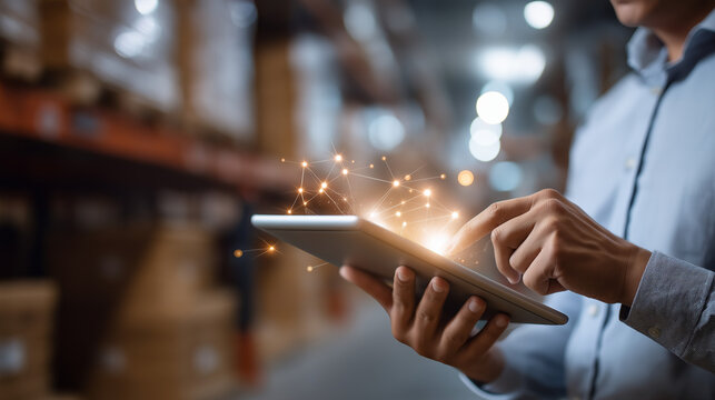 Smart warehouse inventory management system concept faceless manager using digital tablet  warehouse software management dashboard blurred warehouse background - Powered by Adobe