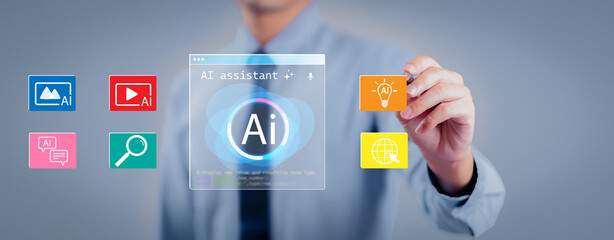 Businessman using virtual interface to interact with AI assistant for creative content, communication, web browsing, and intelligent automation in modern technology.