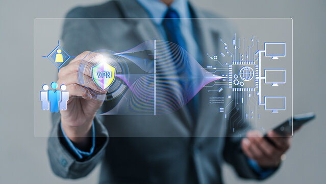 Businessman using virtual interface to activate VPN for secure data connection, encrypted communication, and network protection in digital cybersecurity environment. VPN, cybersecurity, secure - Powered by Adobe