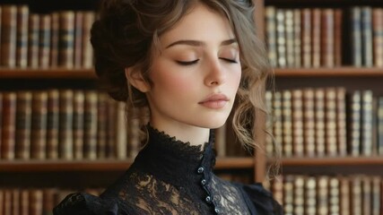 Victorian woman wearing ornate black lace attire, standing before a wall of antique books, representing a historical period of intellectual pursuits and refined fashion.