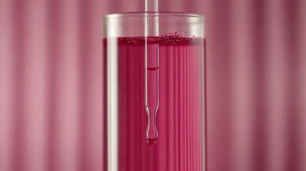 A precisely measured crimson fluid is captured as a single drop falls from a calibrated pipette into a tall glass filled with pink liquid, highlighting a laboratory experiment.