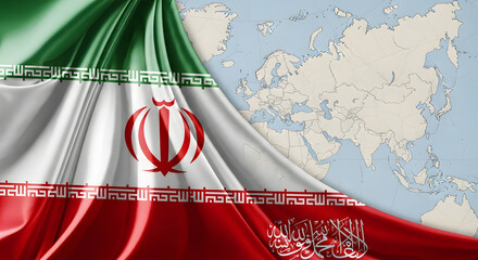 Iranian flag waving in front of a world map