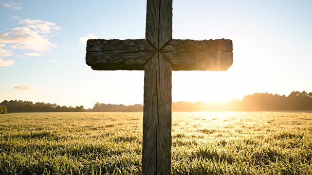 Majestic Wooden Cross Standing Still Dewy Field Bathed Morning Light