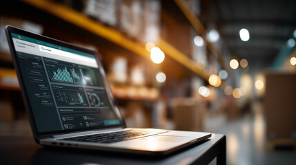Warehouse management innovative software in computer real time monitoring goods package delivery  screen showing smart inventory dashboard storage supply chain