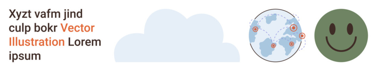 Fototapeta premium Cloud computing, global communication, mental health, data sharing, networking, positivity. A cloud, world map with connection dots and happy face. Cloud computing and global communication concept