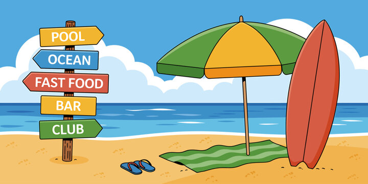 Beach Scene with Signs and Surfboard on Sandy Shore