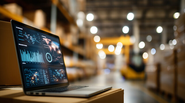 Warehouse management innovative software in computer real time monitoring goods package delivery  screen showing smart inventory dashboard storage supply chain