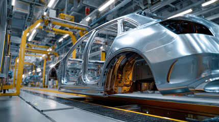 Obraz premium Car manufacturing process shown inside a factory with robotic arms working on vehicle assembly lines