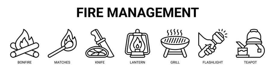 Fire Management web banner icon vector illustration concept with icon of axe, bonfire, matches, knife, lantern, grill, flashlight.