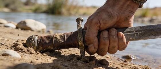 A close-up of a hand gripping a sword hilt, emerging from the sandy bank beside a river, evoking themes of adventure and historical conflict.