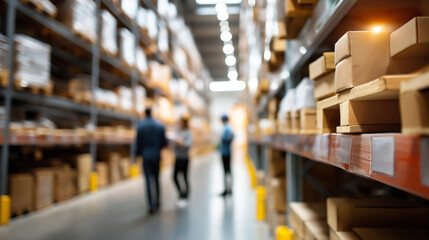 Above view faceless warehouse workers group in aisle between rows tall shelves full packed boxes  goods inventory logistics operations distribution center