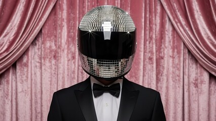Person in a formal black tuxedo wearing a mirror ball disco helmet standing in front of pink velvet theater curtains