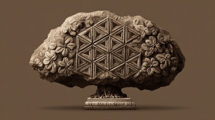 A stone artifact showcases intricate geometric patterns and floral motifs, symbolizing the concept of a thinking machine in a timeless form.