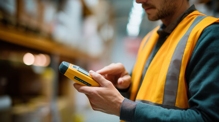 Faceless warehouse workers use scanner checking scan barcode stock inventory storage system  smart management supply chain logistic network technology defocused