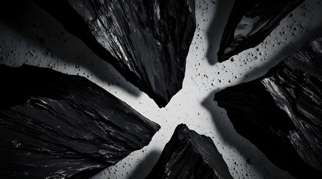 Large, jagged chunks of lustrous black coal or mineral rock converge toward a central point on a speckled grey surface, creating a high-contrast, dramatic top-down composition.