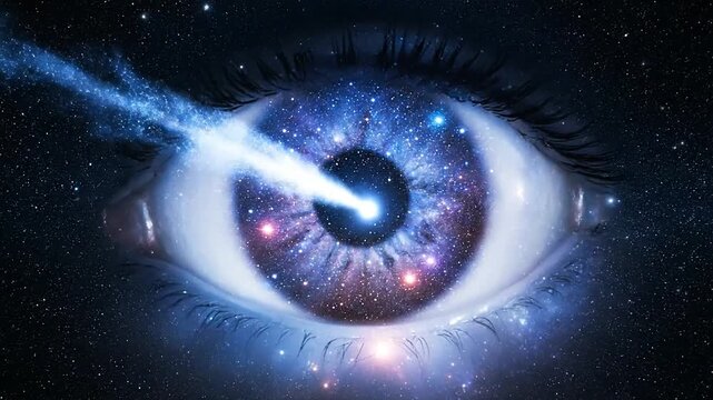 A giant human eyeball gazing into the cosmos with a starry night sky reflection in its iris