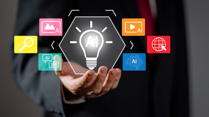 Businessman using virtual interface to interact with AI assistant for creative content, communication, web browsing, and intelligent automation in modern technology. AI, assistant, technology,