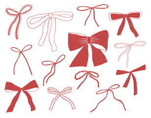 Set of line art isolated red bows
