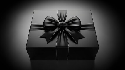 Elegant black gift box with satin bow on a dark reflective surface