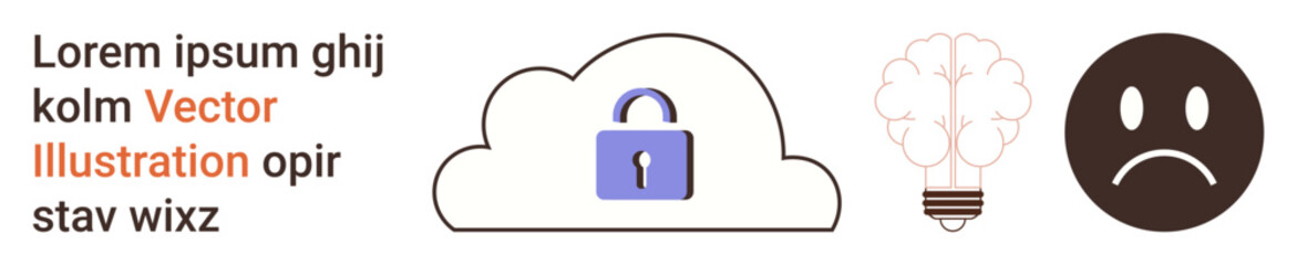 Fototapeta premium Data protection, brainstorming, emotional expression, cybersecurity, privacy, online safety. Cloud with lock, light bulb sad face. Data protection and brainstorming concept