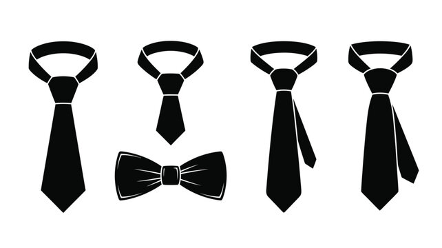 Collection of various neckties and a bow tie black and white silhouette