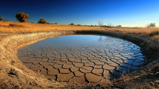 A shrinking reservoir showcases its exposed muddy banks and cracked earth under a clear blue sky