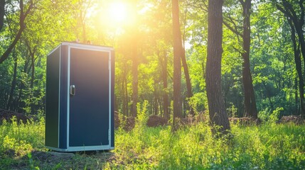 A portable water treatment unit stands in a sunlit forest providing clean water solutions