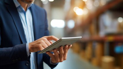 Faceless manager holding digital tablet in warehouse inventory management  supply chain operations logistics technology distribution center professional oversight