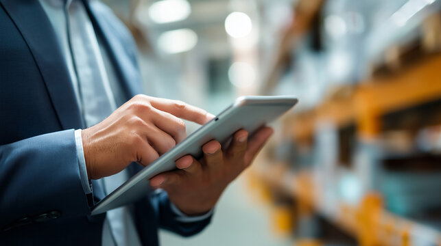 Faceless manager holding digital tablet in warehouse inventory management  supply chain operations logistics technology distribution center professional oversight - Powered by Adobe