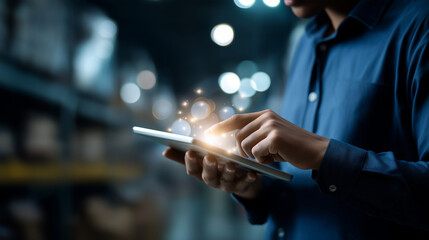 Faceless warehouse worker analyzes inventory data using futuristic touch screen interface efficient supply chain  management logistics technology operations