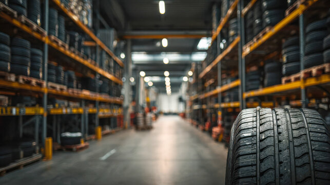 Warehouse with tire storage and empty aisles during daytime in a busy industrial area
