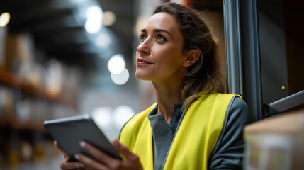 Faceless female employee supervisor checks stock inventory on digital tablet smart warehouse  management system supply chain operations logistics technology
