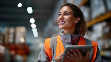 Faceless female employee supervisor checks stock inventory on digital tablet smart warehouse  management system supply chain operations logistics technology
