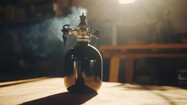 A small propane tank with a regulator and valve ready for connection on a table with steam rising