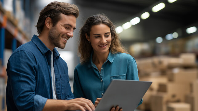 Diverse faceless male female warehouse inventory managers talking using laptop computer checking retail  rows shelves cardboard packages background distribution - Powered by Adobe