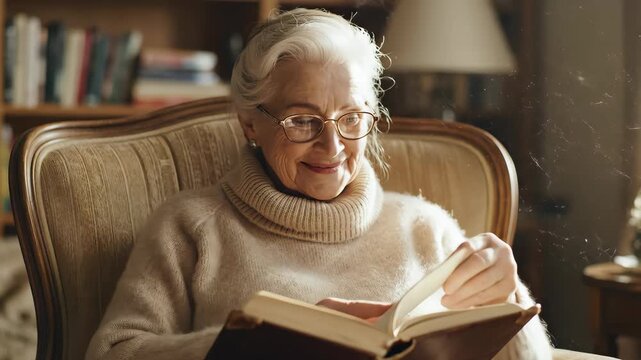 Senior Woman Reading Classic Book Home Warm Smile Close-Up