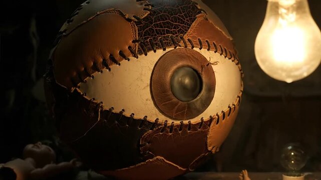 A giant human eyeball sculpture with leather patches and stitches is illuminated by a hanging light bulb in a dimly lit room with a surreal atmosphere