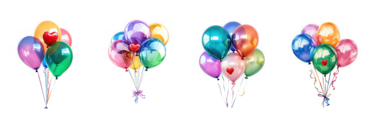 Four colorful balloon bouquets with heart shaped balloons perfect for celebrations on transparent background high quality