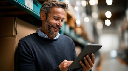 Focused faceless logistics manager with tablet in warehouse supply chain efficiency  inventory management operations concept distribution center professional