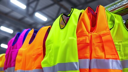 A row of bright neon and orange high visibility safety vests with reflective stripes hanging in a store or warehouse displaying safety apparel