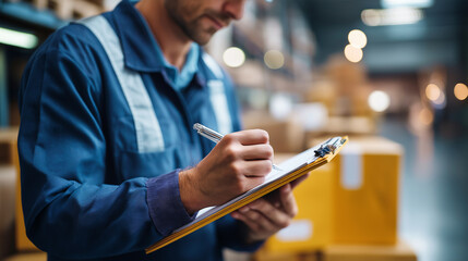 Faceless warehouse worker writing paper on clipboard inventory management product packaging boxes  checking stock parcel shipment logistics operations defocused bac