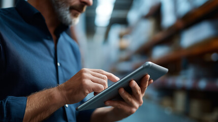 Faceless worker using tablet in warehouse managing inventory overseeing operations efficient technology  supply chain management logistics operations defocused